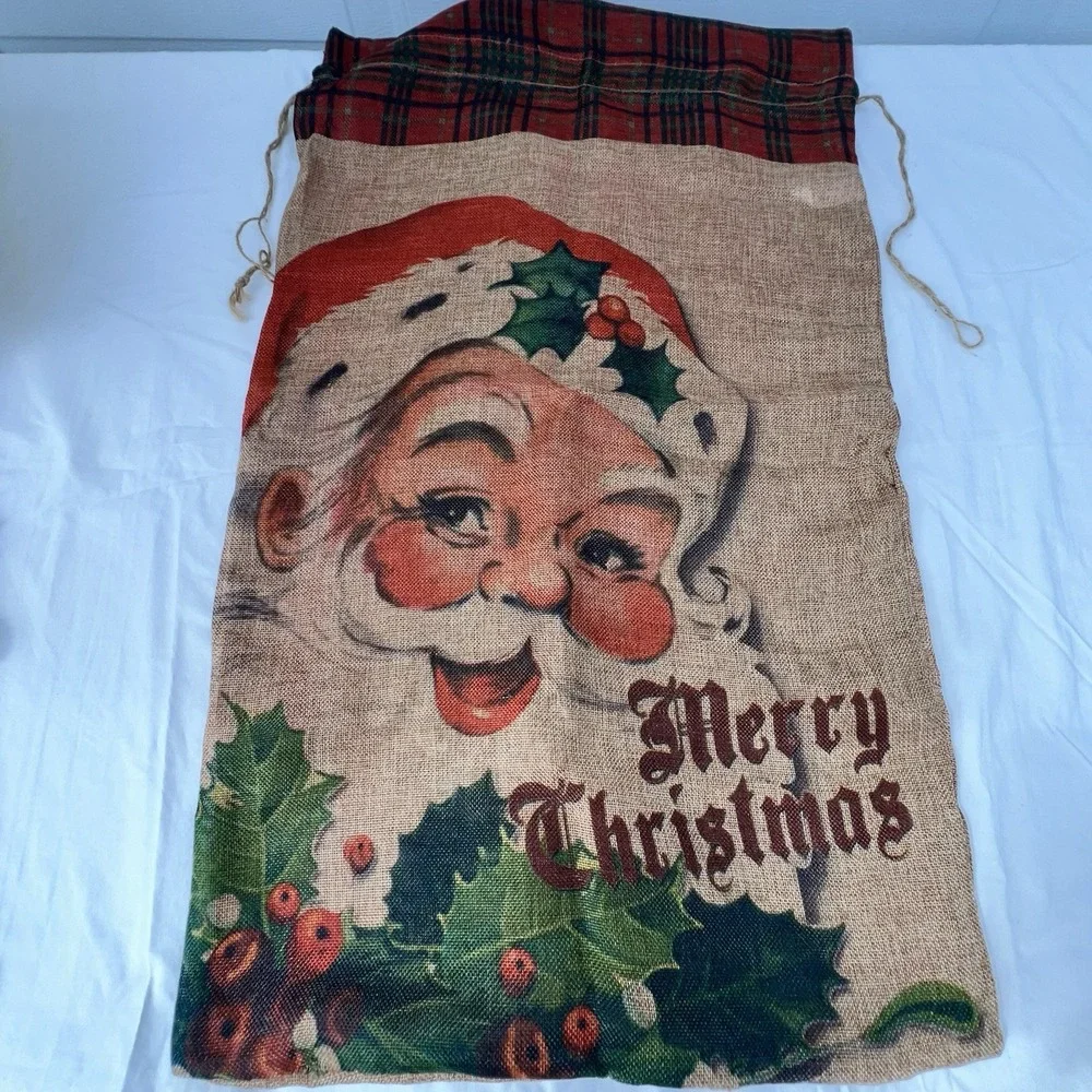 2 Vintage Jute Burlap Christmas Gift Bags Large Santa Joy Rustic Country Brown